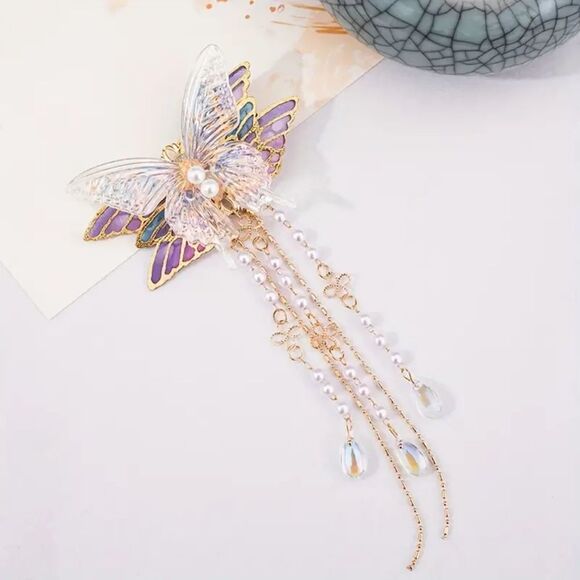 New - Iridescent Gold Pearl and Colorful Butterfly Hair Clip - Picture 5 of 6